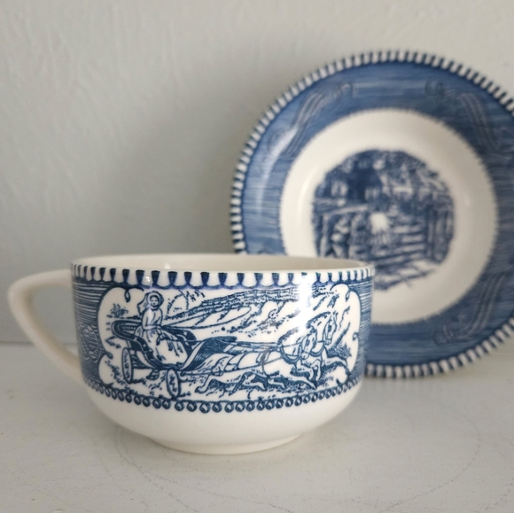 Vintage Set Of Currier & Ives Mugs And Saucers/Mini Bowls - Picture 4 of 16